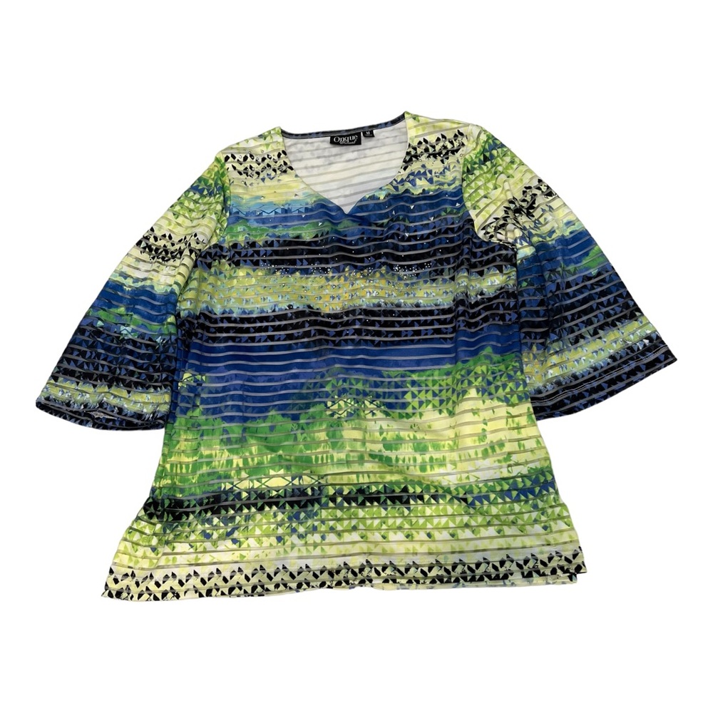 Onque Casual Green and Blue Blouse Top Shirt size Medium V Neckline